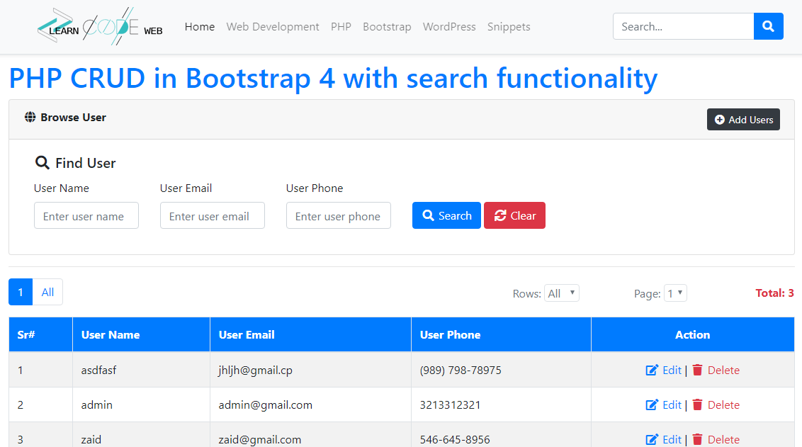 Php Crud With Search And Pagination In Bootstrap 4