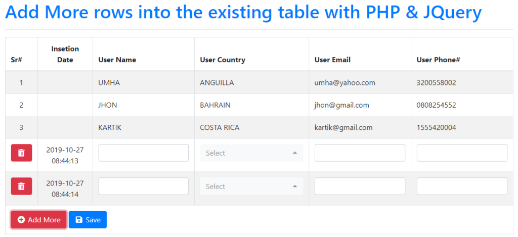 Conquest Sui Parliament Add More rows into the existing table with PHP & JQuery